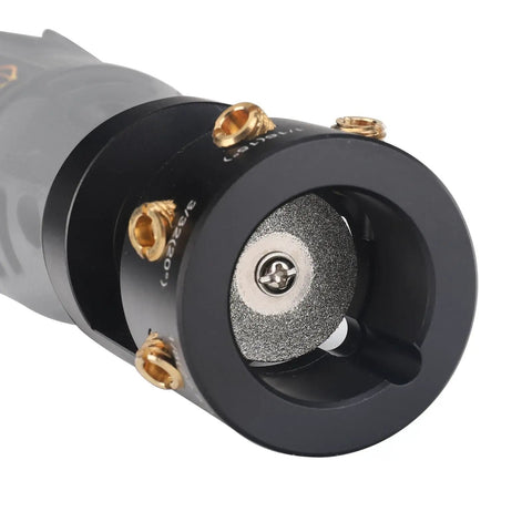 Close-up of Tungsten Electrode Sharpener Grinder Head For TIG Welders with 4 copper screws and diamond wheel, aluminum body.
