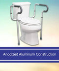 Adjustable Toilet Safety Frame And Rail With Padded Waterfall Armrests Gives You Straight Up Stable Balance As A No Fuss Heavy Duty Bathroom Assist Handle For Seniors, anodized aluminum construction.