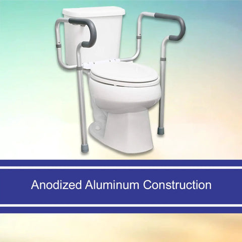 Adjustable Toilet Safety Frame And Rail With Padded Waterfall Armrests Gives You Straight Up Stable Balance As A No Fuss Heavy Duty Bathroom Assist Handle For Seniors, anodized aluminum construction.