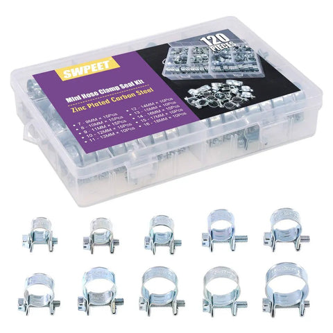 Zinc Plated Mini Hose Clamp Set 120 Pcs Assorted 10 Sizes For Automotive Agriculture Plant Construction And More