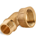 Brass pipe elbow fitting, 1/2 in male x 3/4 in female, 90-degree street elbow, side view