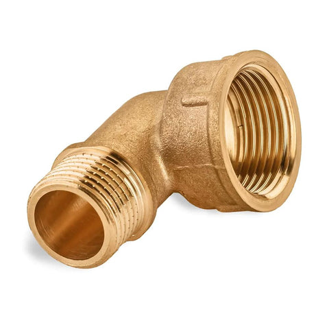Brass pipe elbow fitting, 1/2 in male x 3/4 in female, 90-degree street elbow, side view