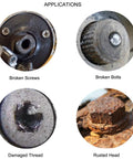 Applications of ASE35D 35 Piece Screw Extractor Set for broken screws, bolts, damaged threads, and rusted heads.