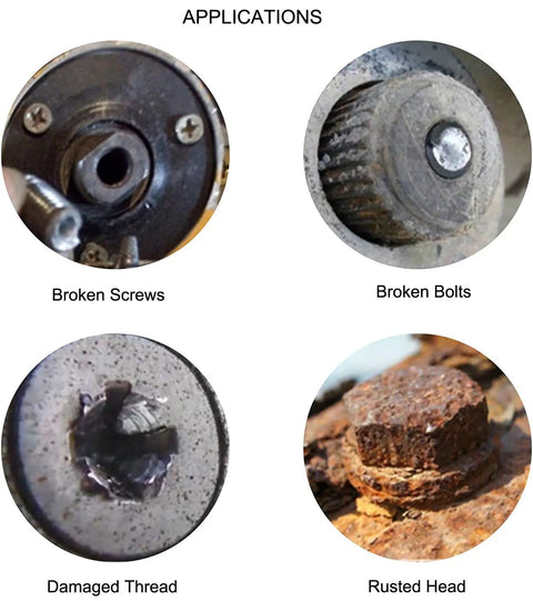 Applications of ASE35D 35 Piece Screw Extractor Set for broken screws, bolts, damaged threads, and rusted heads.