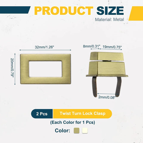 Light Gold Rectangular Twist Lock 2 Pack Purse Closure Hardware Secure Turn Clasp For DIY Handbag And Crossbody Bags, metal, 32x20mm