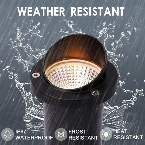 Eight Pack RGBW Landscape Lights For Outdoors, close-up of water-resistant in-ground well light under rainfall, showcases waterproof feature