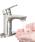 Touchless Bathroom Faucet With Dual Sensor, 1 Or 3 Hole Installation, automatic water flow, hands under running water, brushed nickel