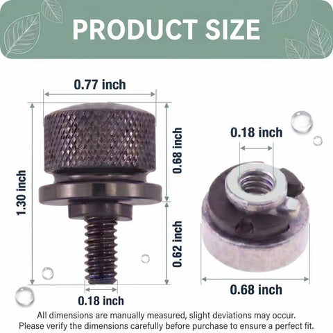 Rock Solid Aluminum Motorcycle Seat Bolts Quick Swap Kit With Knockout Precision Threads For Harley Davidson Sportster Softail Touring Dyna Dead Simple Setup Black size dimensions shown, including bolt and nut measurements.