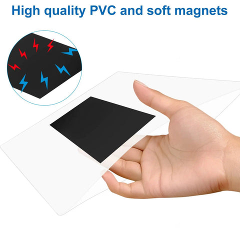 Eight Pack Magnetic Sign Holders For 8.5 By 11 Inch Documents With Clear Plastic Wall Mounts And Magnet Borders, hand holding clear PVC holder