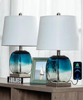 Coastal Glass Table Lamp Set Of 2 For Living Room And Nightstand Blue Bedside Lamps With USB Port 3 Way Dimmable Glass Bedroom Lights