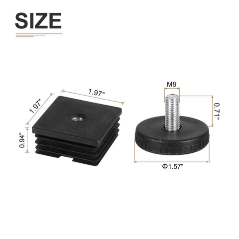 4 Pack Adjustable Leveling Feet 50 By 50 mm Square Insert Glide Kit dimensions with measurement details shown