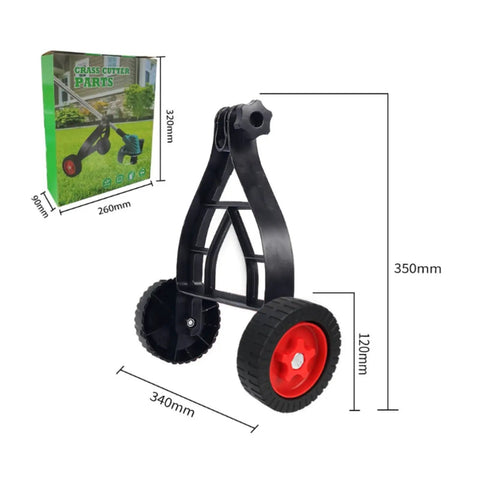 Universal String Trimmer Wheel Support Attaches To Any Weed Eater Turning It Into A Lawn Edger, black and red, 350mm tall.