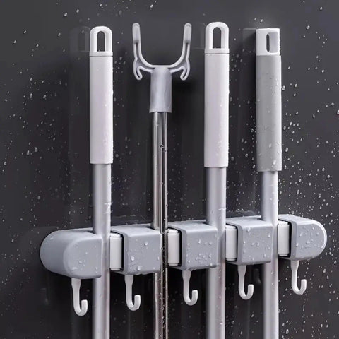 Wall Mounted Broom And Mop Organizer With Four Racks And Five Hooks For Home Kitchen Garage Garden Laundry Room And Bathroom Storage Keeps Cleaning Tools Neatly Stored And Easily Accessible against wall