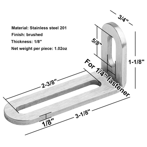 Twenty Pack Rock Solid Stainless Steel Slotted L Angle Brackets Corner Support Hardware Built To Last For Carpentry And Home Repairs Friendly No Fuss Setup 3 1 8 Inch Size With Smooth Brushed Look, showing dimensions of a single L bracket.
