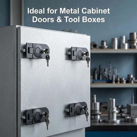 Built Tough Adjustable Compression Latch Keyed Alike Four Pack Flush Mount Cabinet Lock With Sturdy Alloy Finish Quick Hookup For Toolboxes And Enclosure Cases on metal cabinet doors.