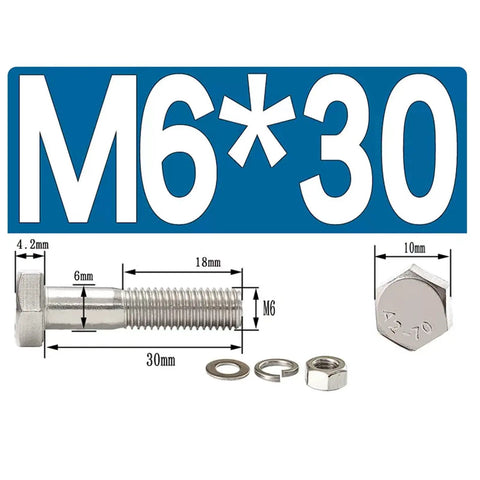 M6x70 Semi Threaded Hex Head Bolts And Nut Kit 304 Stainless Steel Partial Thread Screws Fastener Set For Indoor Outdoor Use 25 Sets Built Tough For DIY Projects And Outdoor Gear Use With Corrosion Resistance. M6x30 bolt with nut, washer, and lock washer