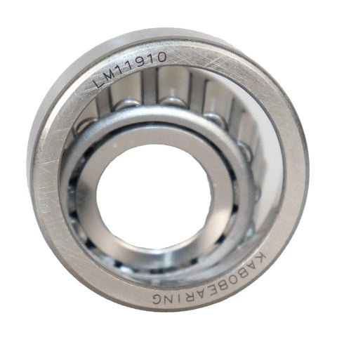 Close-up of chrome steel bearing from Trailer Wheel Hub Bearing Kit For One And A Quarter Inch And Three Quarter Inch Axles with LM11910 marking.