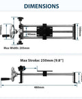 Manual Force Gauge Test Stand With Hand Wheel Operation 9.8 Inch Stroke, Compatible With ZMF Force Gauge, Includes Rock Solid Mounting Plates 41x73 Mm And 40x90 Mm For Stable, Precise Readings. Dimensions shown with 250mm stroke and 205mm max width