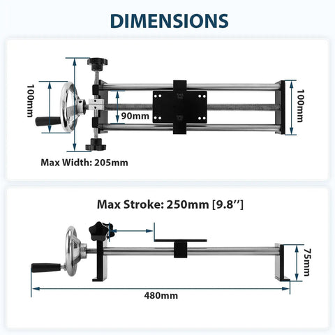 Manual Force Gauge Test Stand With Hand Wheel Operation 9.8 Inch Stroke, Compatible With ZMF Force Gauge, Includes Rock Solid Mounting Plates 41x73 Mm And 40x90 Mm For Stable, Precise Readings. Dimensions shown with 250mm stroke and 205mm max width