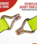 Close-up of Four Pack 2 Inch Ratchet Straps With Wire Hooks For Flatbed Truck Tie Downs Safety Green Webbing, showing hook detail.