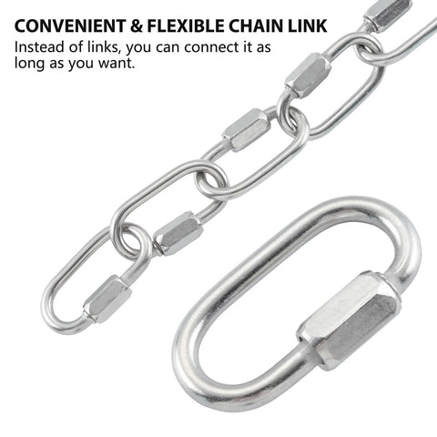 304 Stainless Steel D Shaped Locking Quick Link Carabiner Set Of 10 shown connected to a chain, highlighting secure connection feature.