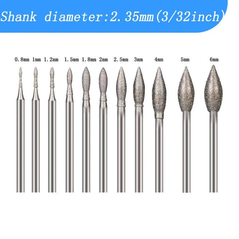Olive Shape Diamond Burr Set, 11 Pcs, 3 By 32 Inch Shank Mounted Grinding Bits For Rotary Tool, various head sizes displayed.