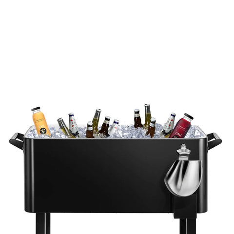 80 Quart Black Rolling Ice Chest Cooler Cart On Wheels For Patio And Backyard Parties filled with drinks and ice