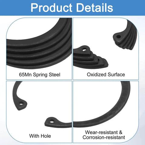 Close-up of Internal Retaining Ring Circlip 10 Pack 52mm 65Mn Spring Steel Black C Clips detailing oxidized surface and hole.
