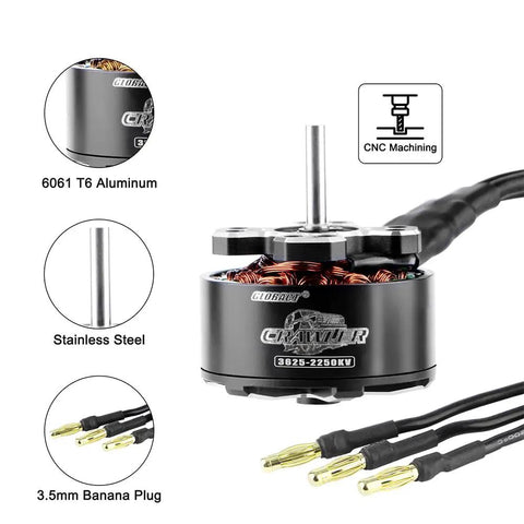 3625 Size Brushless Motor 2250KV Outer Rotor for 1/10 RC Crawlers with CNC machining, T6 aluminum, banana plug