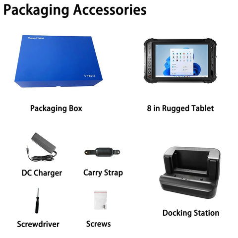 8 Inch Rugged Tablet With Docking Station Windows 11 Intel N5100 Chip 8GB Ram 256GB SSD IP65 Waterproof packaging accessories shown
