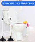 Top Shelf Heavy Duty 12 Pack Toilet Plungers with black suction cup and long white handles beside a toilet.