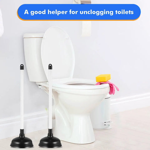 Top Shelf Heavy Duty 12 Pack Toilet Plungers with black suction cup and long white handles beside a toilet.