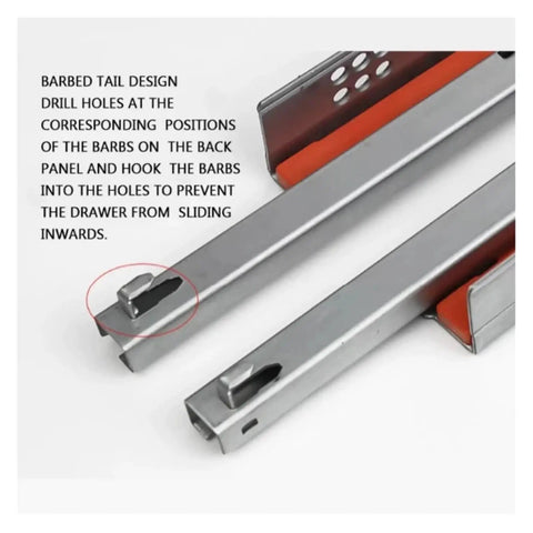 Close-up of No Sweat Push To Open Drawer Slides showing barbed tail design for secure installation, twenty-inch undermount cabinet hardware.