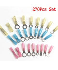 Premium 270 Set Heat Shrinkable Wire Connectors With Insulated Spade Ring Fork And Butt Terminals For All Your Electrical Wiring Repairs Covers 0.4 To 6.0mm2 Range Perfect For Car And Home Projects That Need A Tight Secure Fit Without Any Frustration. 270-piece insulated terminal kit with spade, ring, fork and butt connectors