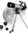 Adjustable Refractor Telescope With Tripod For Beginners And Adults Aluminum Alloy Space Telescope With Precision Focusing System Wide Field Of View For Planets And Stars Easy Setup Portable Carrying Case, showing telescope on tripod with eyepieces and moon backdrop