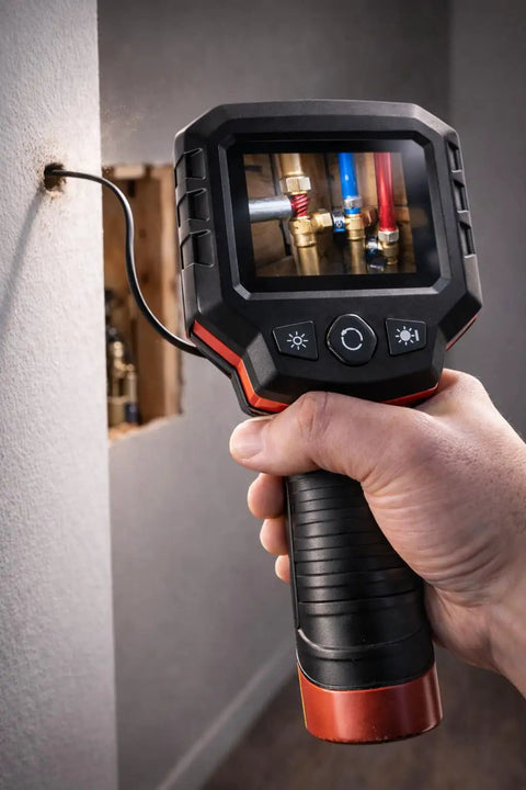 Clear View Borescope With 2.4 Inch LCD Screen And 8.5mm Waterproof Camera inspecting behind a wall with displayed pipes.