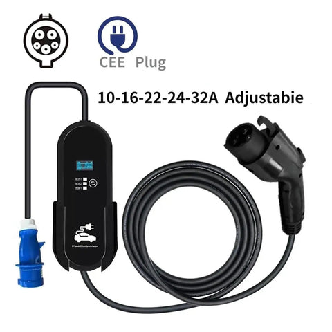 Portable Level 2 EV Charger With 16A 24A 32A Adjustable Output Type 1 J1772 Plug CEE Outlet IP67 Waterproof And Fire Resistant
