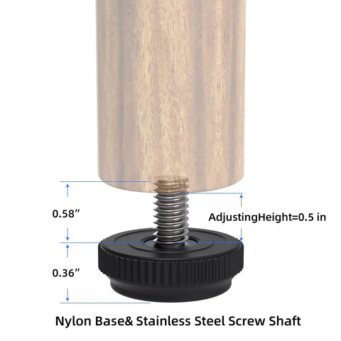 Kick The Wobble To The Curb With These 16 Pack Stainless Steel Adjustable Threaded Furniture Leveler Feet And Screw On Glides, detailed image showing nylon base and stainless steel screw shaft dimensions.