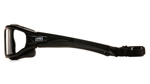 Side view of Ultra Light I Force Slim Safety Goggles with black frame, clear anti-fog lens, and quick-release temples attached.