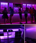 40 Foot LED Blacklight Strip Kit With 720 LEDs, 12V Flexible illuminating bar, bookshelf, and room corners in purple glow.