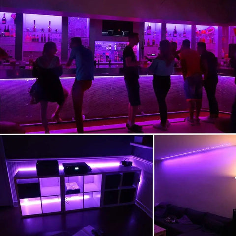 40 Foot LED Blacklight Strip Kit With 720 LEDs, 12V Flexible illuminating bar, bookshelf, and room corners in purple glow.