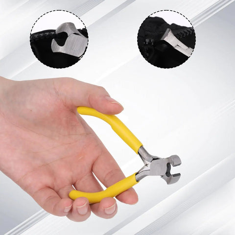 Yellow-handled pliers from the Ultimate Zipper Repair Kit With 61 Pieces Including Four Zipper Insertion Pins in Sizes 3 5 8 10.