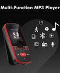 Clip-On Bluetooth 5.3 MP3 Player with 1.5 Inch Screen, HiFi Sound, physical buttons, FM radio, pedometer, red design