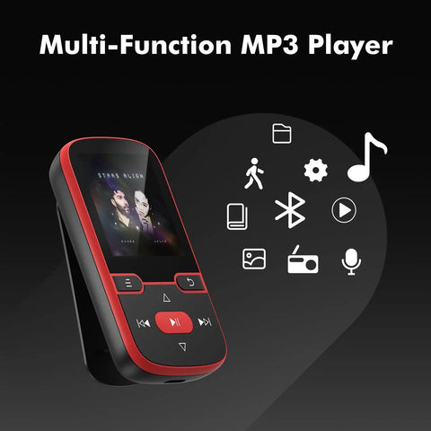 Clip-On Bluetooth 5.3 MP3 Player with 1.5 Inch Screen, HiFi Sound, physical buttons, FM radio, pedometer, red design