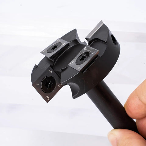 Close-up of CNC Spoilboard Surfacing Router Bit With One Half Inch Shank And Two Inch Cutting Diameter, Balanced Two Plus Two Carbide Inserts For Slab Flattening And Planing, Industrial Grade Woodworking Tool
