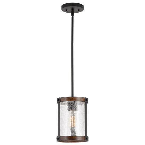 9 Inch Rustic Farmhouse Pendant Light With Crackle Glass Shade And Walnut Wood Finish Hand Painted Metal Frame Black Hardware Delivers Warm Cozy Vibe For Kitchen Island Dining Room