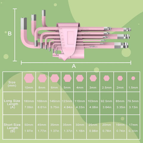 Pink 9 Piece Cr V Allen Key Set With Long Ball End Hex Keys 1.5 To 10mm size chart and color coding details for DIY repairs