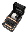 Cool Retro Label Printer With Bluetooth 5.0 Connectivity And Compact Design, open to reveal label roll and keypad.