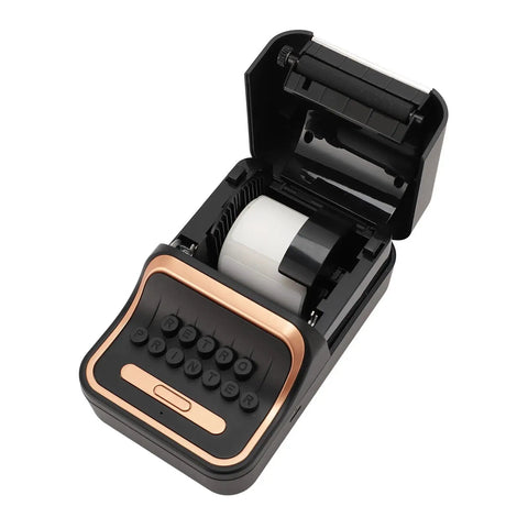 Cool Retro Label Printer With Bluetooth 5.0 Connectivity And Compact Design, open to reveal label roll and keypad.
