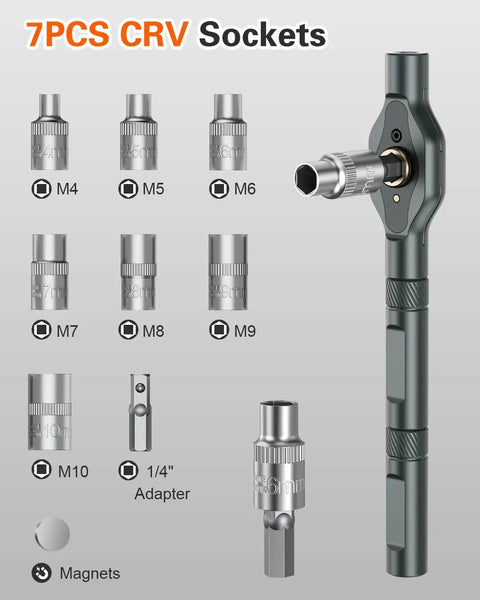 34 In 1 Magnetic Ratcheting Screwdriver Set With One Quarter Inch Socket Adapter 24 Bits And Seven Hex Sockets Modular Handle